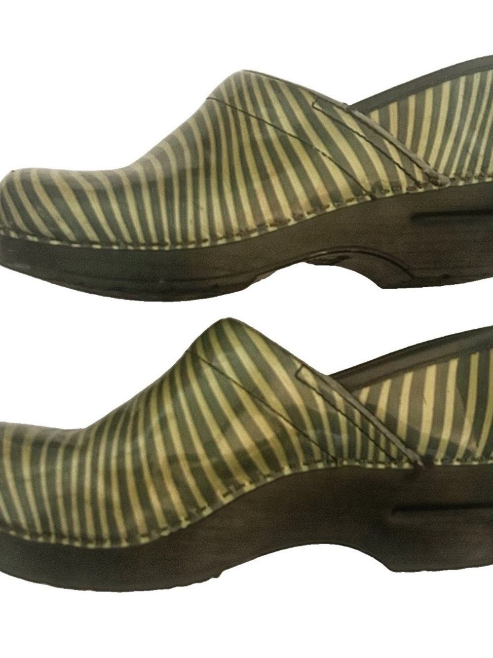 Dansko Women's Green and Cream Striped Leather Clogs 38/7.5-8
